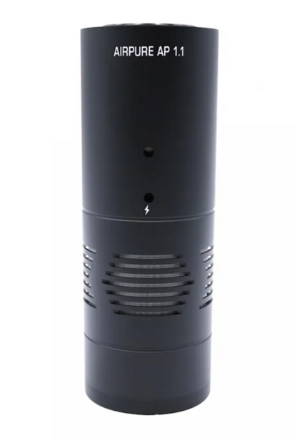 Black air purifier with 'AIRPURE AP 1.1' branding on a white background