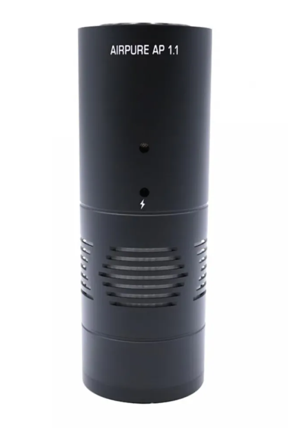 Black air purifier with 'AIRPURE AP 1.1' branding on a white background