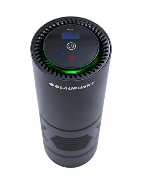 Black air purifier with digital display and Blaupunkt branding on a white background
