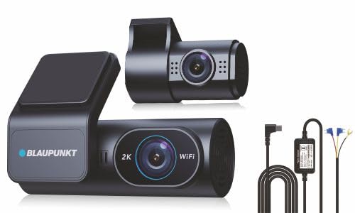Blaupunkt car dashboard camera with power cable and connectors on a white background