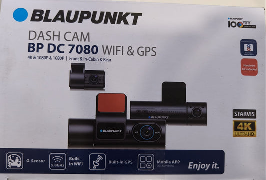 Blaupunkt dash cam packaging with camera images and features listed.