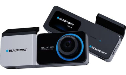 Blaupunkt car dashboard camera with multiple angles on a white background