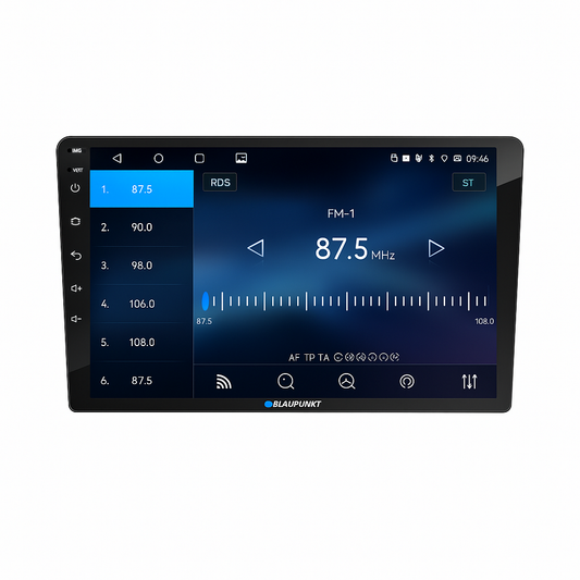 Car multimedia display with radio interface on a white background