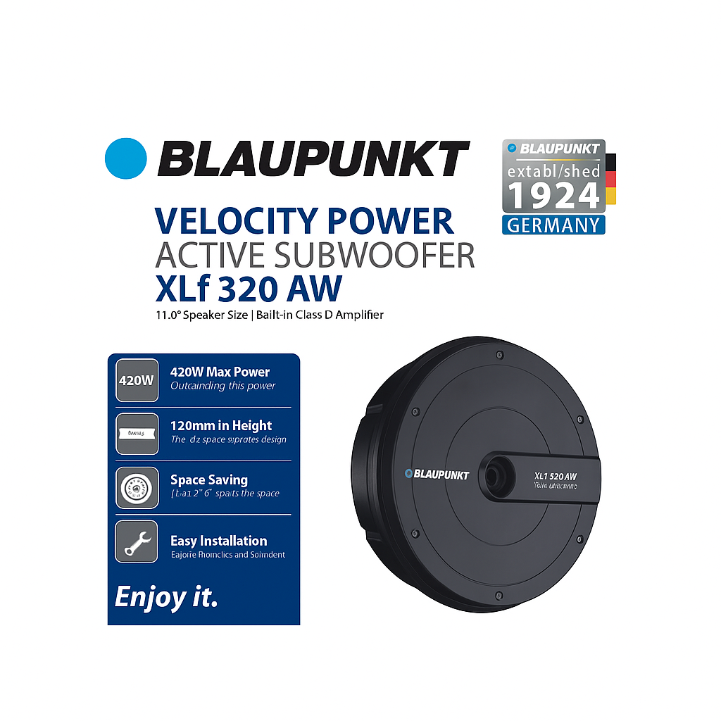 Blaupunkt Velocity Power Active Subwoofer with product details on a white background