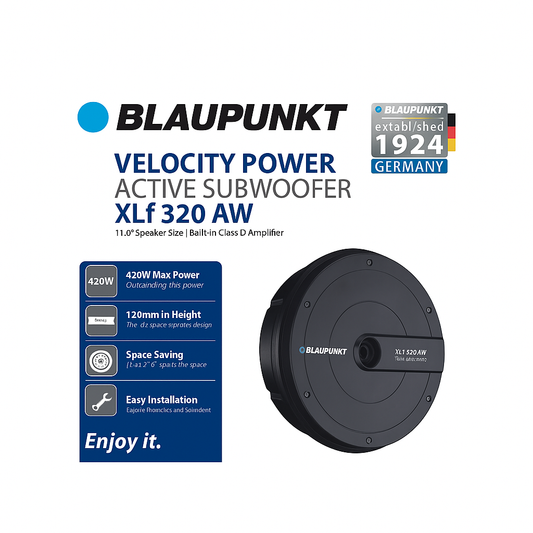 Blaupunkt Velocity Power Active Subwoofer with product details on a white background