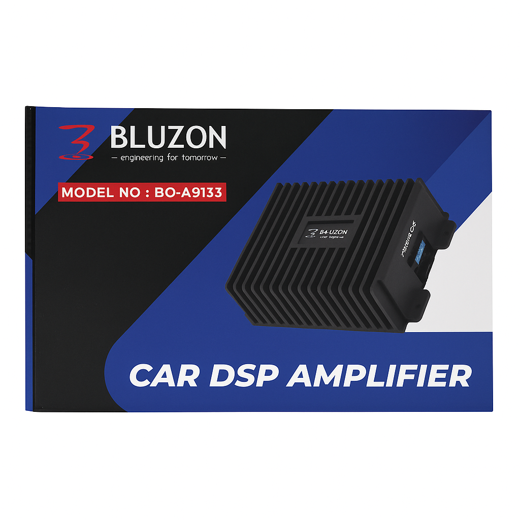 Bluzon car DSP amplifier packaging with model number BO-A9133 on a white background