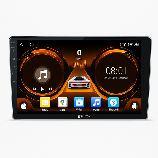 Car multimedia display with interface elements on a white background