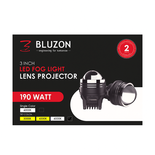 Bluzon LED fog light lens projector packaging on a white background