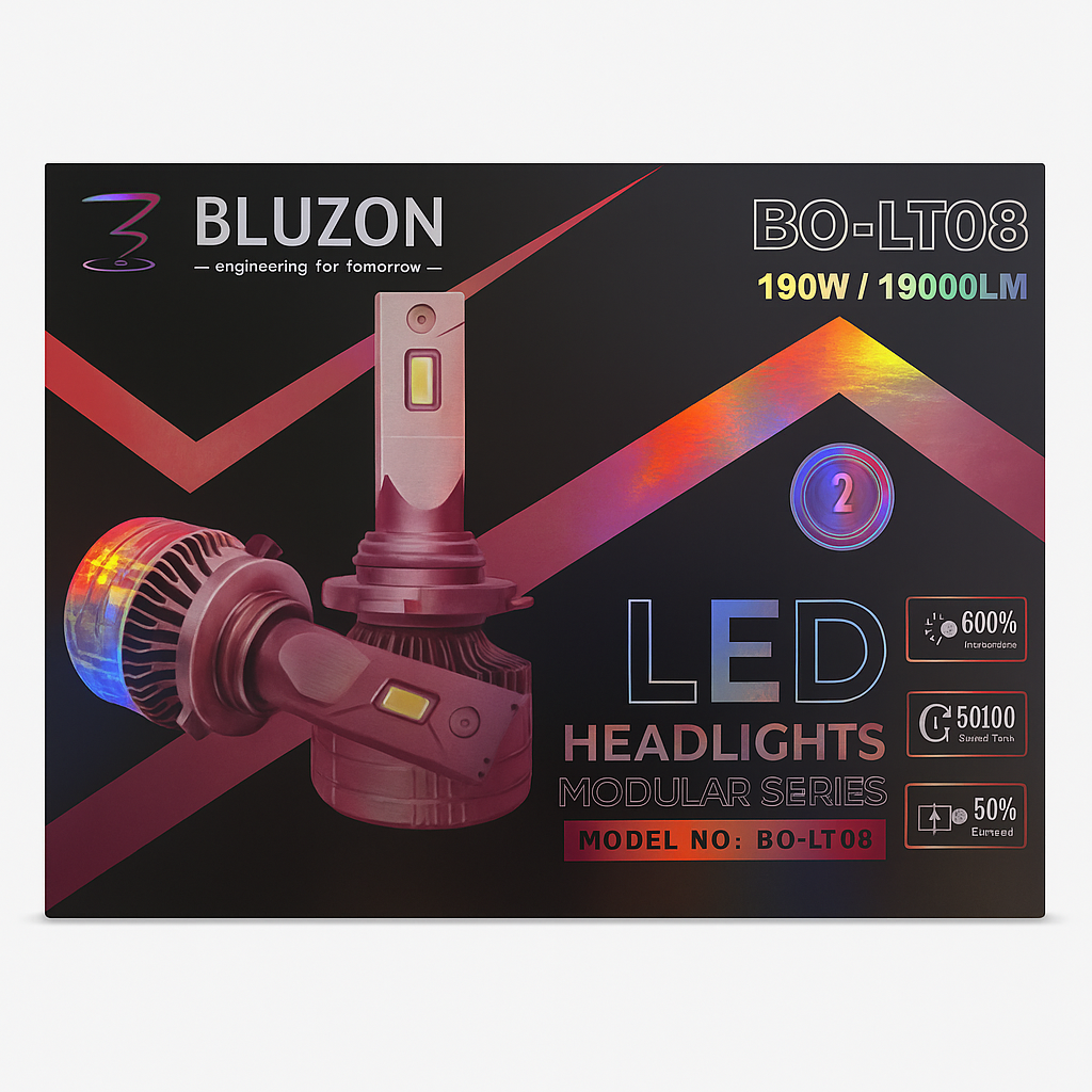 Bluzon LED headlights packaging with product image and specifications on a black background