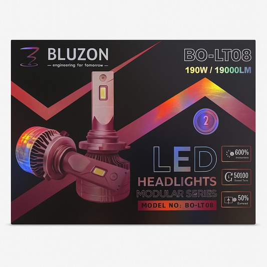 Bluzon LED headlights packaging with product image and specifications on a black background