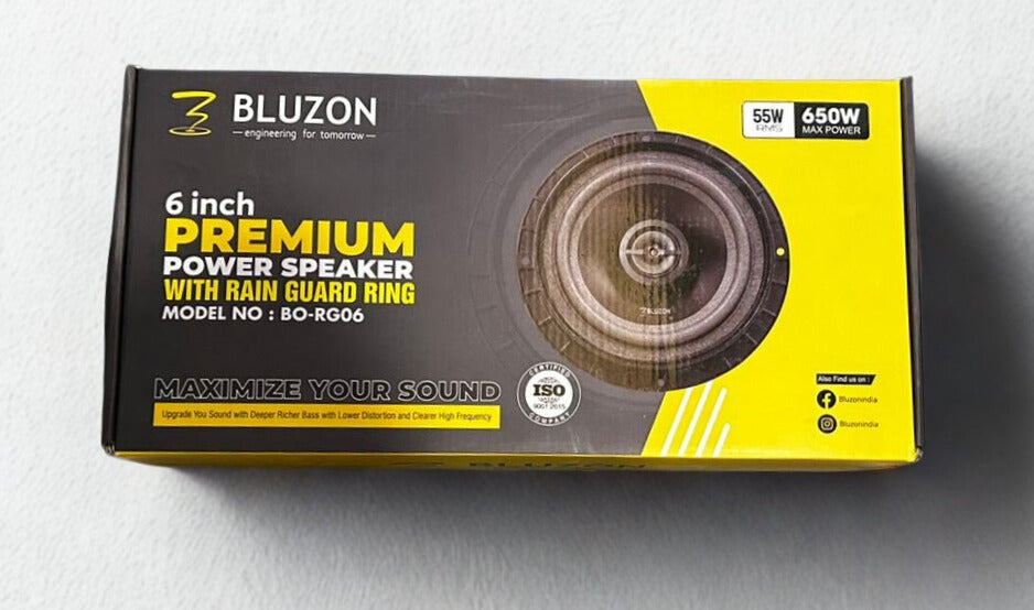 Bluzon premium power speaker packaging on a gray background