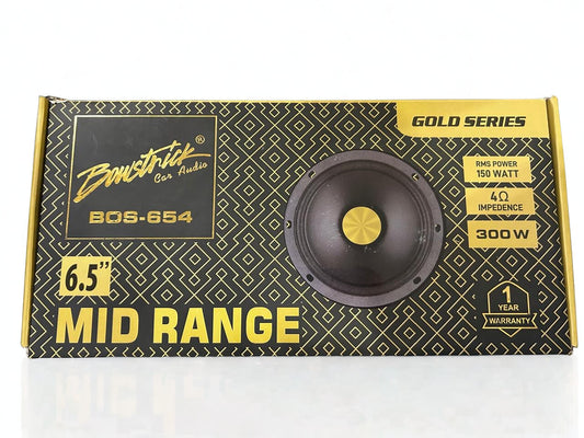 Box of a 6.5" mid-range speaker with brand logo and specifications on a white background