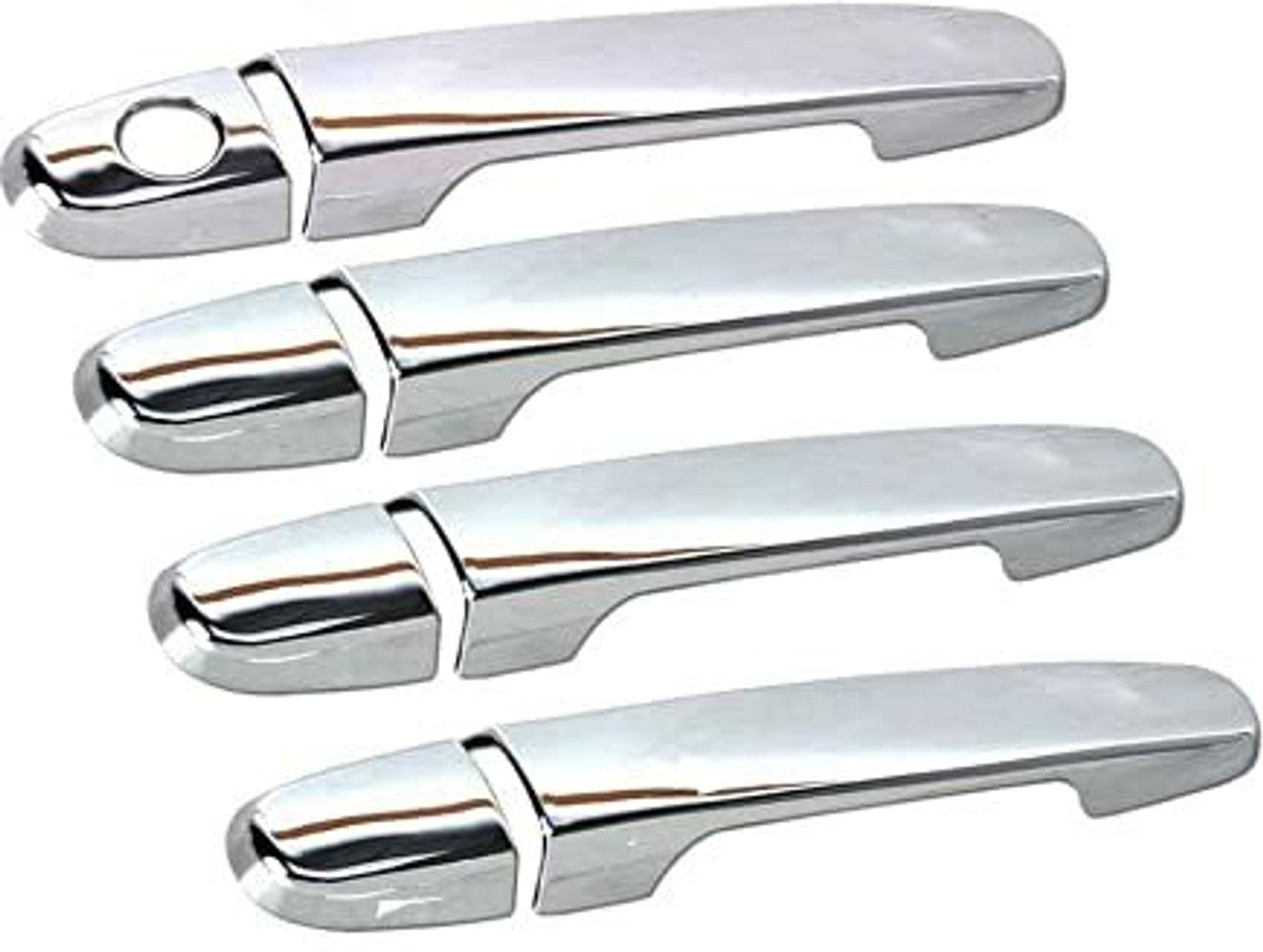 Set of four chrome car door handles on a white background