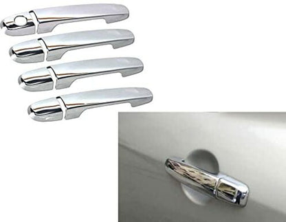 Set of chrome car door handles on a white background with an inset showing a handle on a car.