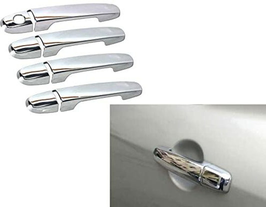 Set of chrome car door handles on a white background with an inset showing a handle on a car.