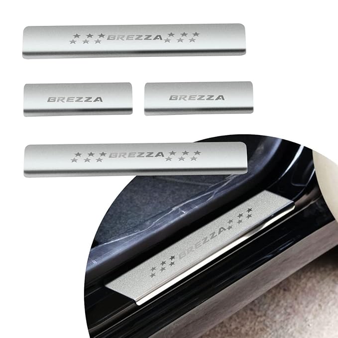 Set of Brezza branded metal door sill plates on a white background