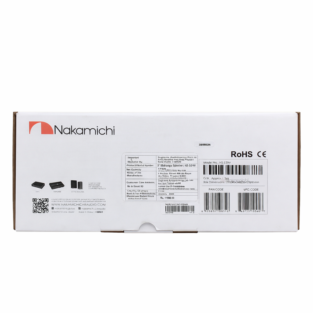 Nakamichi product packaging with branding and specifications on a white background