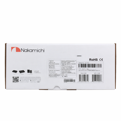 Nakamichi product packaging with branding and specifications on a white background