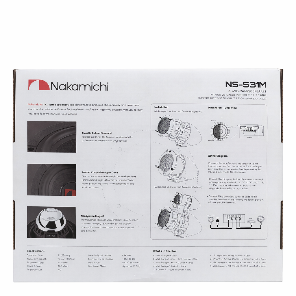 Nakamichi speaker system packaging with technical details and branding.