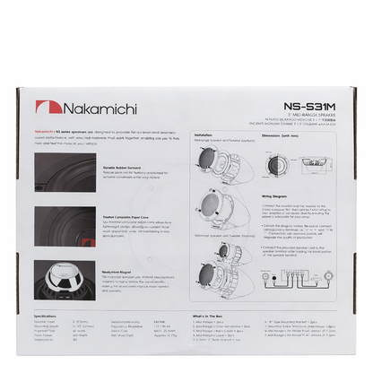 Nakamichi speaker system packaging with technical details and branding.