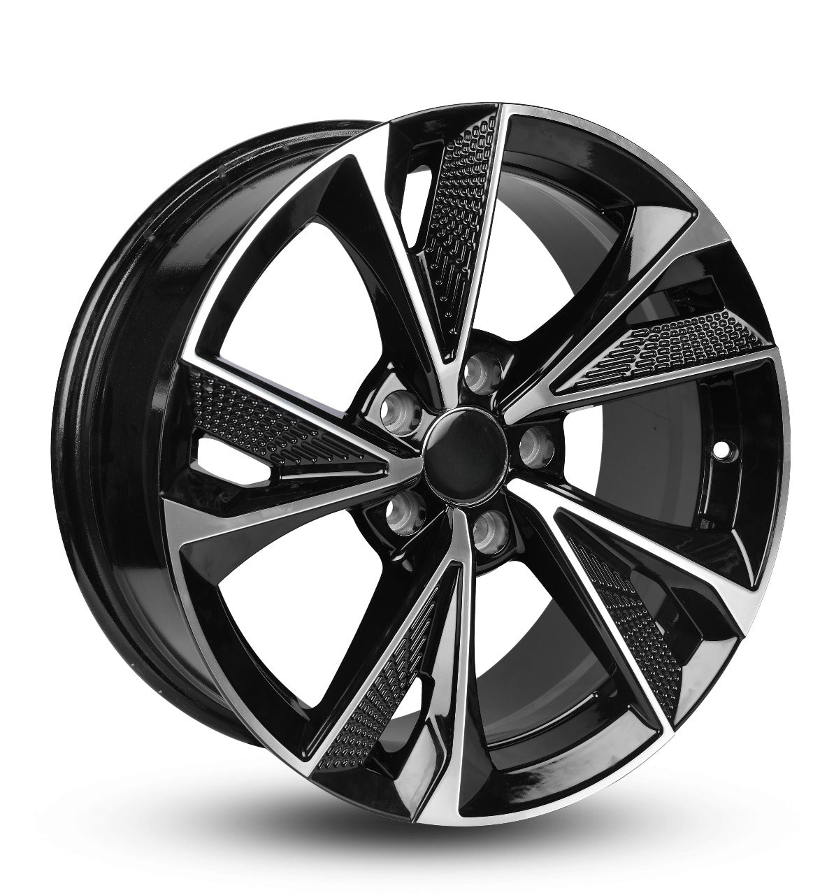 Black alloy wheel with a shiny finish on a white background