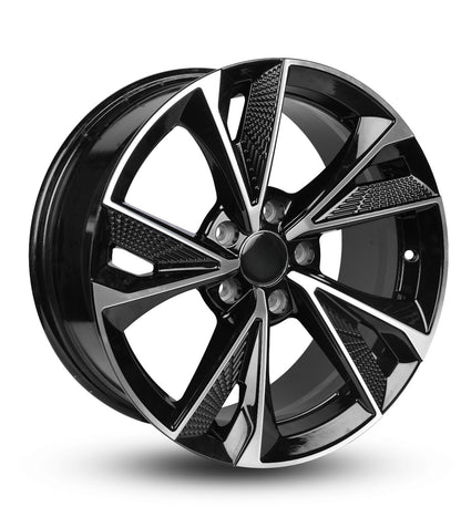 Black alloy wheel with a shiny finish on a white background