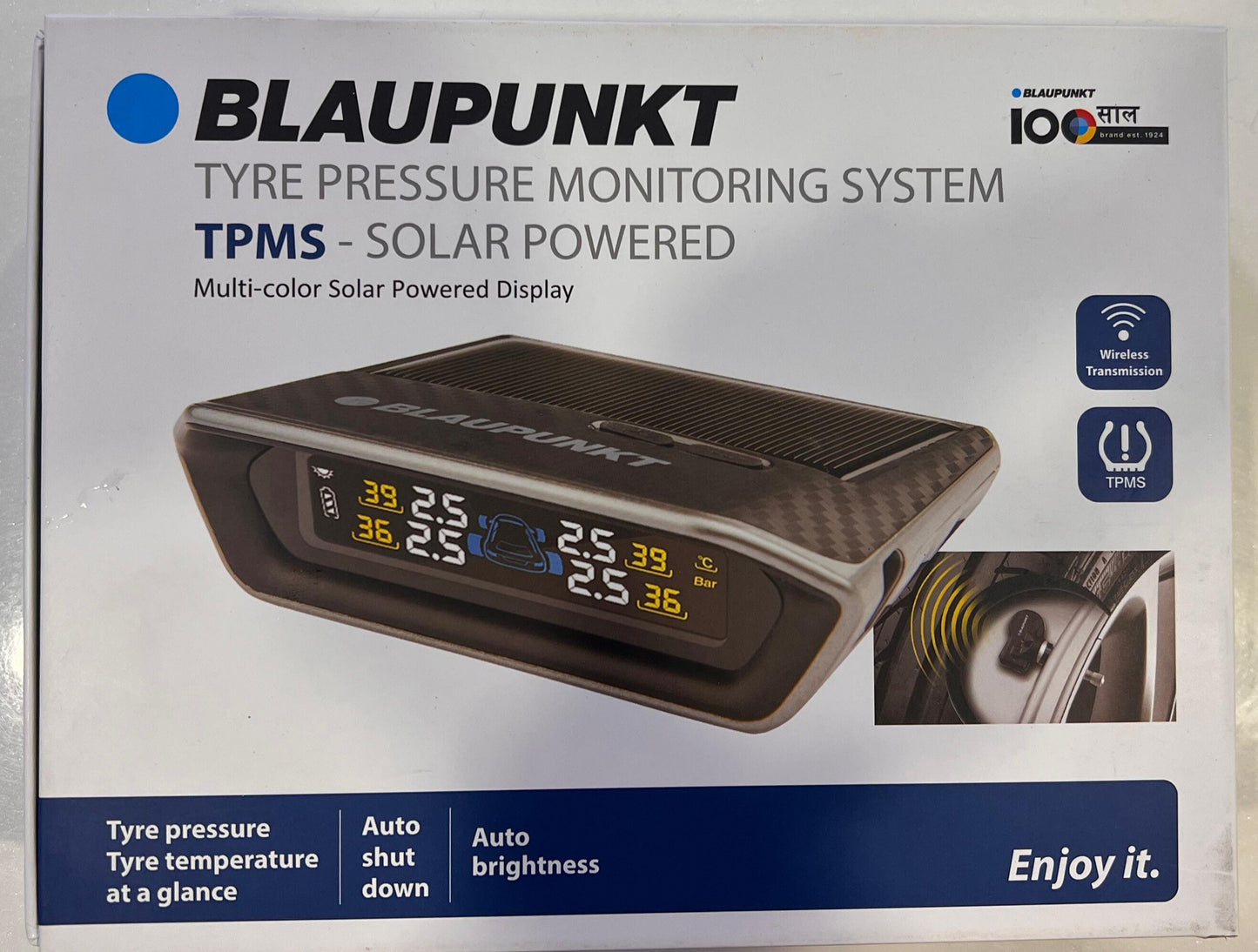 Blaupunkt tyre pressure monitoring system packaging with product image and features listed.