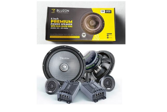 Bluzon car speakers with packaging on a white background