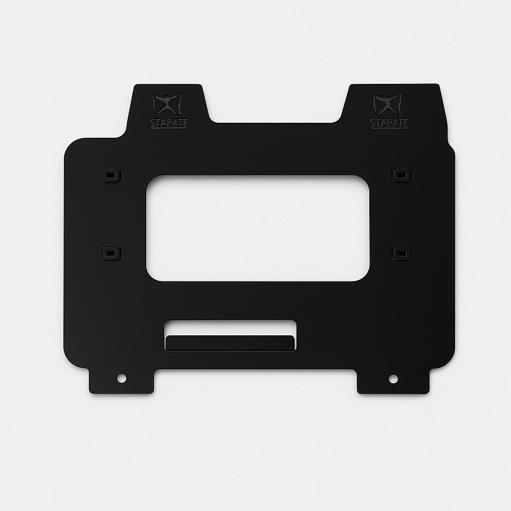 Black metal bracket with cutout on a white background