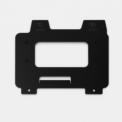 Black metal bracket with cutout on a white background
