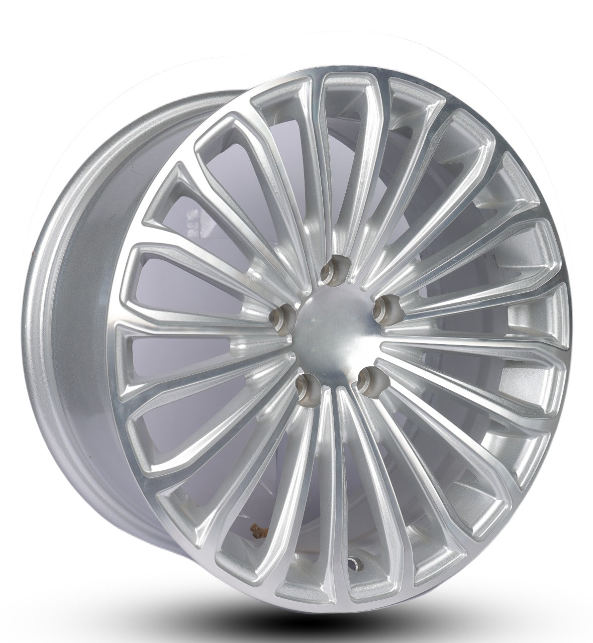 Silver alloy wheel rim on a white background