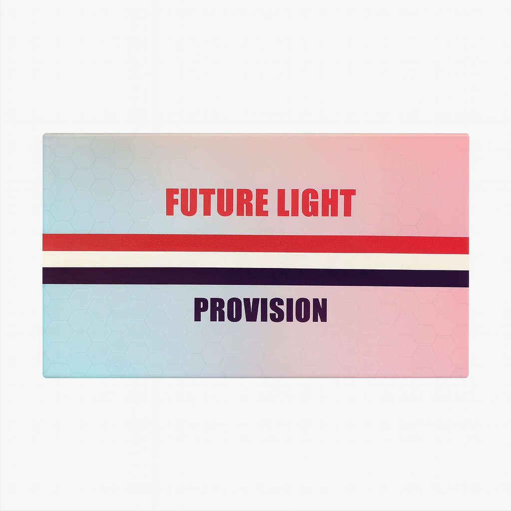 Gradient card with 'FUTURE LIGHT' and 'PROVISION' text on a white background