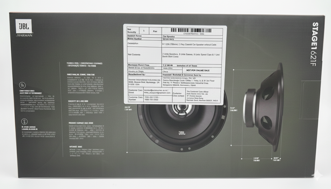 JBL speaker packaging with technical details and JBL logo.