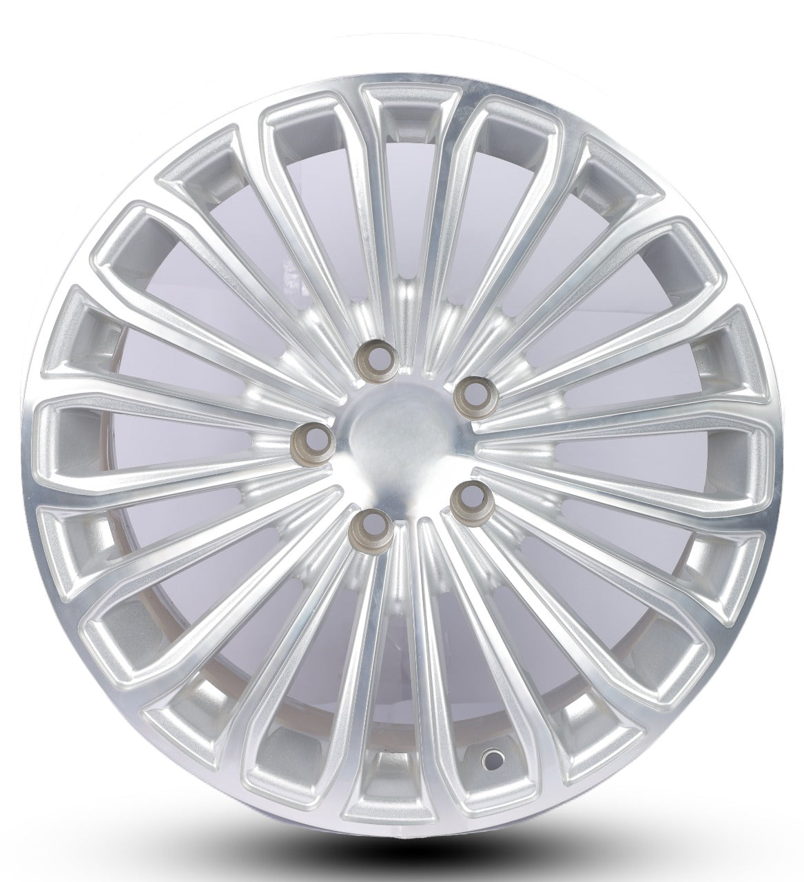 Silver alloy wheel rim on a white background