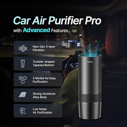 Car Air Purifier Pro with features listed on a dark background