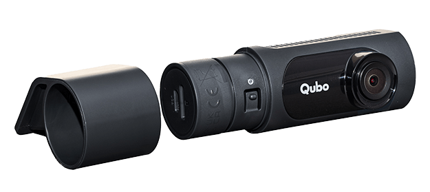 Black Qubo camera with a bracket on a white background