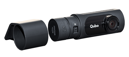 Black Qubo camera with a bracket on a white background