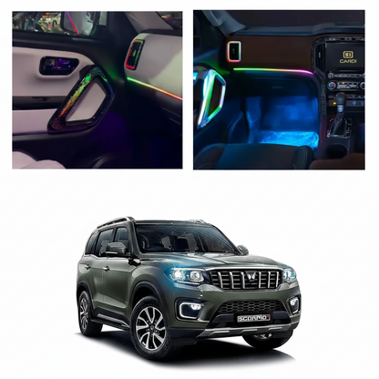Car interior with RGB lighting and a full view of a gray SUV.