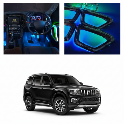 Car interior with LED lights and a black SUV on a white background
