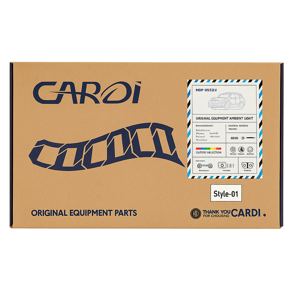 Cardi automotive parts box with branding and product details on a white background