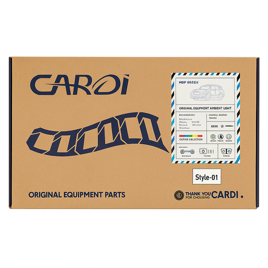 Cardi automotive parts box with branding and product details on a white background