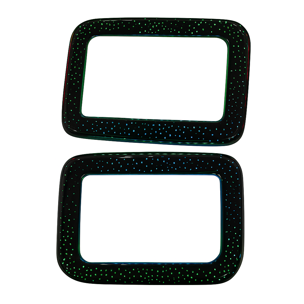 Two black rectangular frames with speckled pattern on a white background