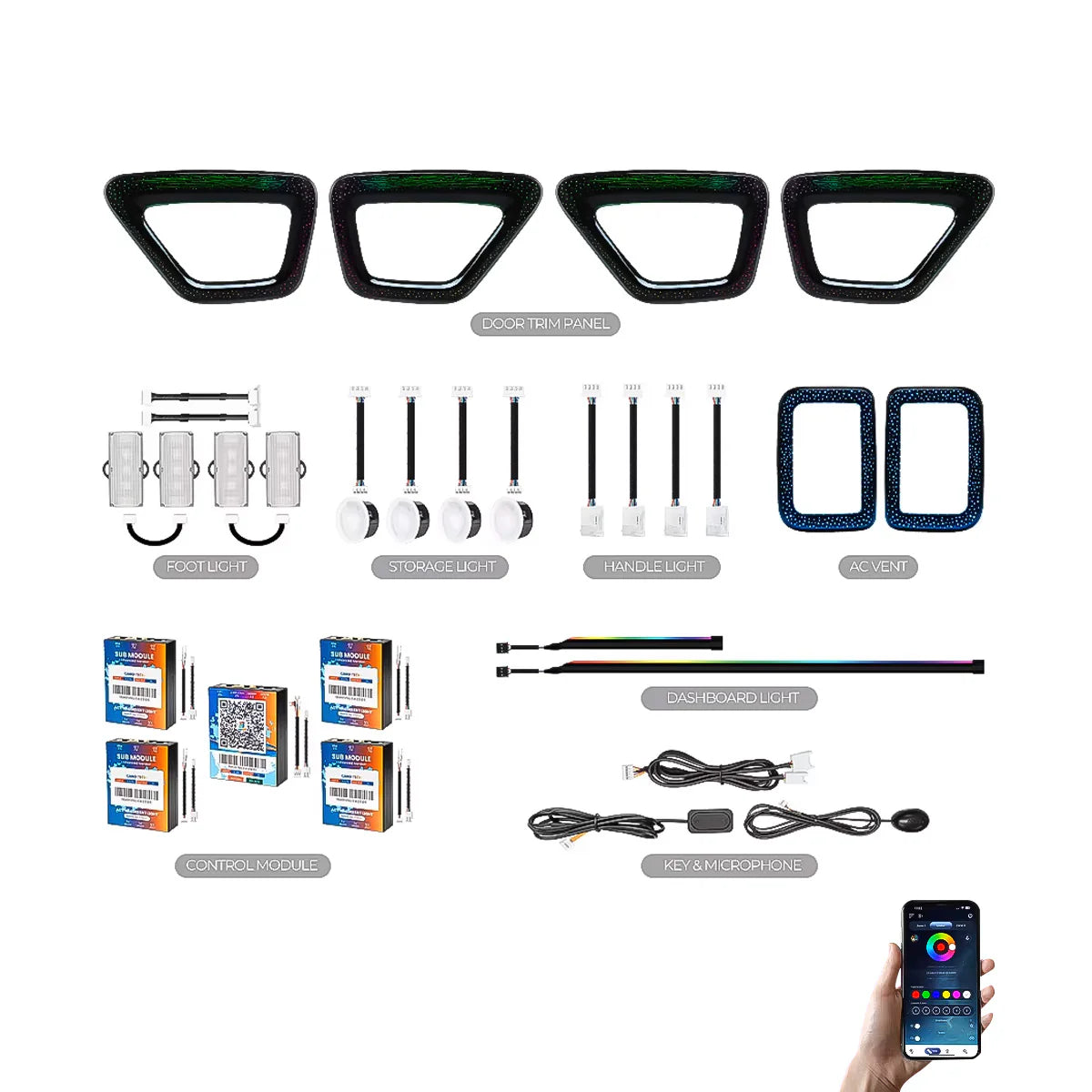 Collection of automotive light components and a smartphone with app interface on a white background
