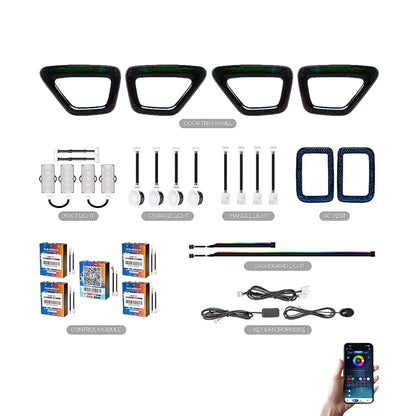 Collection of automotive light components and a smartphone with app interface on a white background