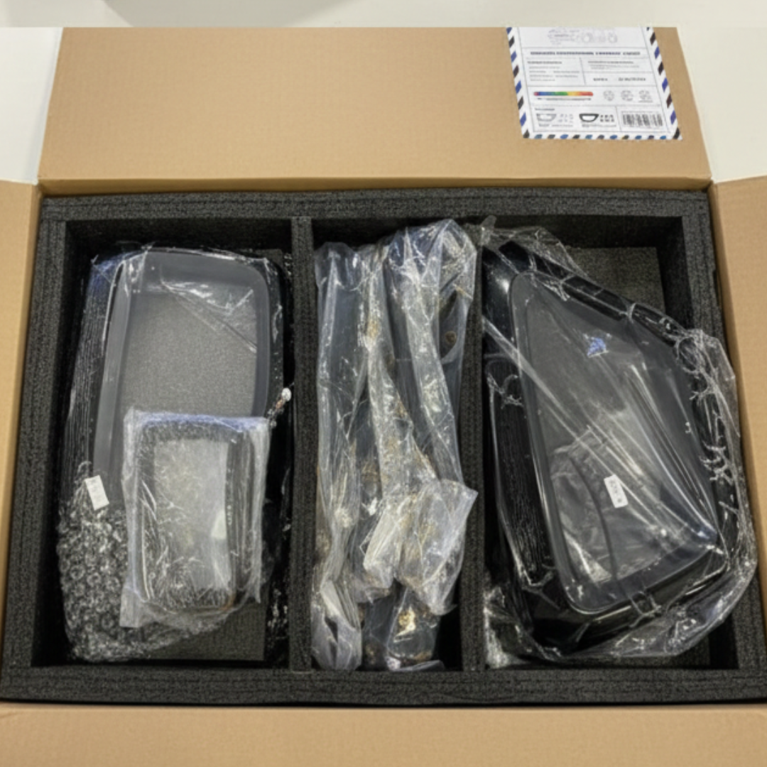 Packaged electronic devices in a cardboard box with foam lining
