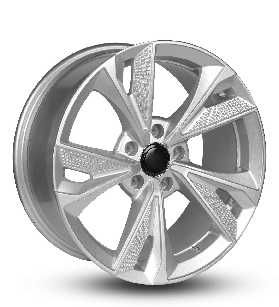 Car wheel rim with a silver finish on a white background