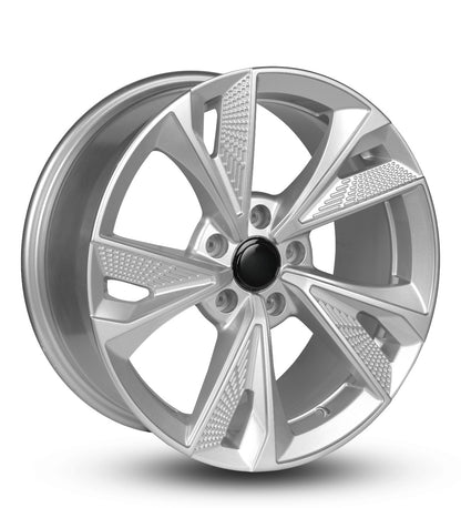 Car wheel rim with a silver finish on a white background