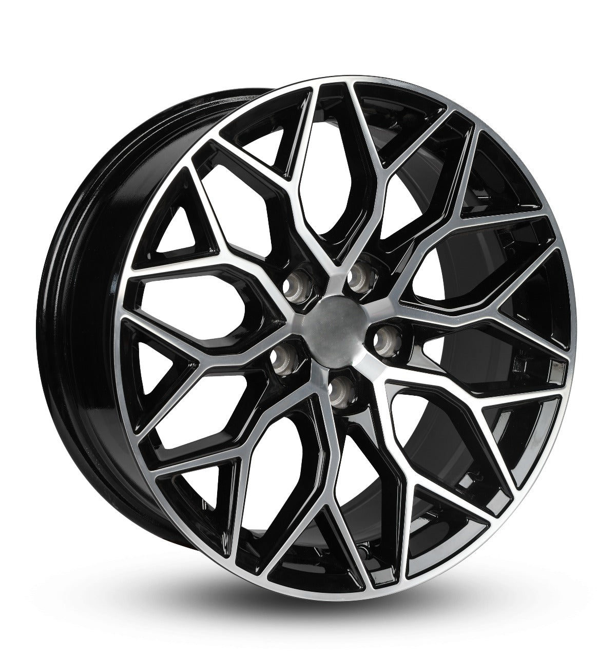 Black alloy wheel with a geometric design on a white background