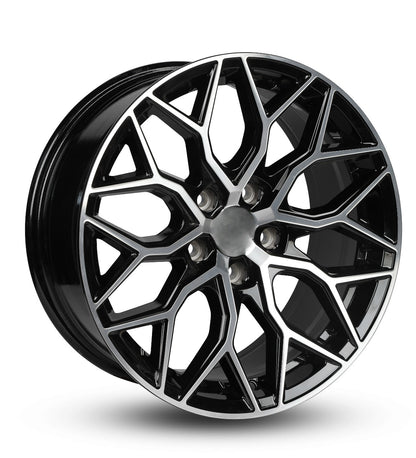 Black alloy wheel with a geometric design on a white background