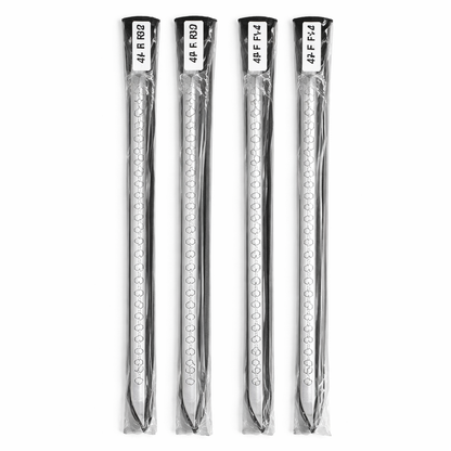 Four golf club shafts in clear packaging on a white background